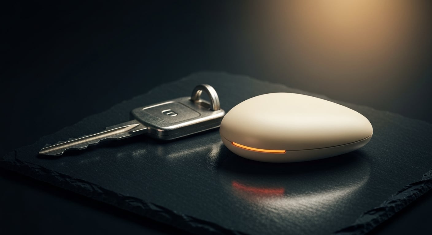 A rounded European proximity key fob and an older bladed remote key arranged on a slate surface with soft studio light