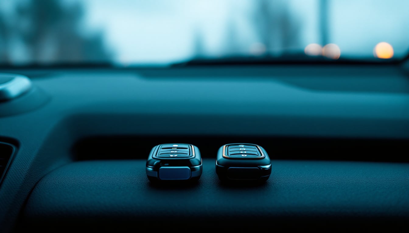 Two car key fobs lying beside each other on a vehicle centre console with the dashboard dark and unlit