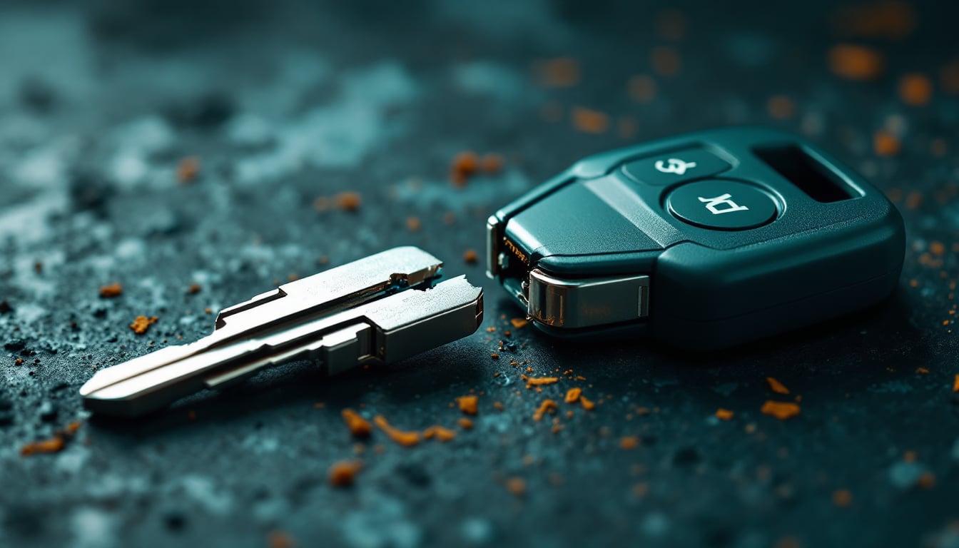 A remote-head car key snapped cleanly in two, the bare blade half lying beside the plastic fob half on a dark surface
