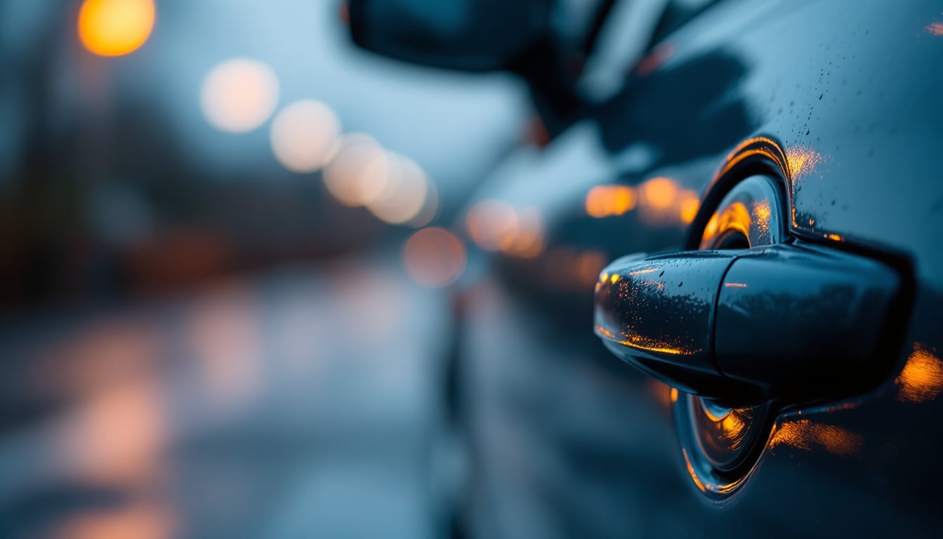 A rain-beaded car door handle at dusk with amber lights reflected along the dark paintwork