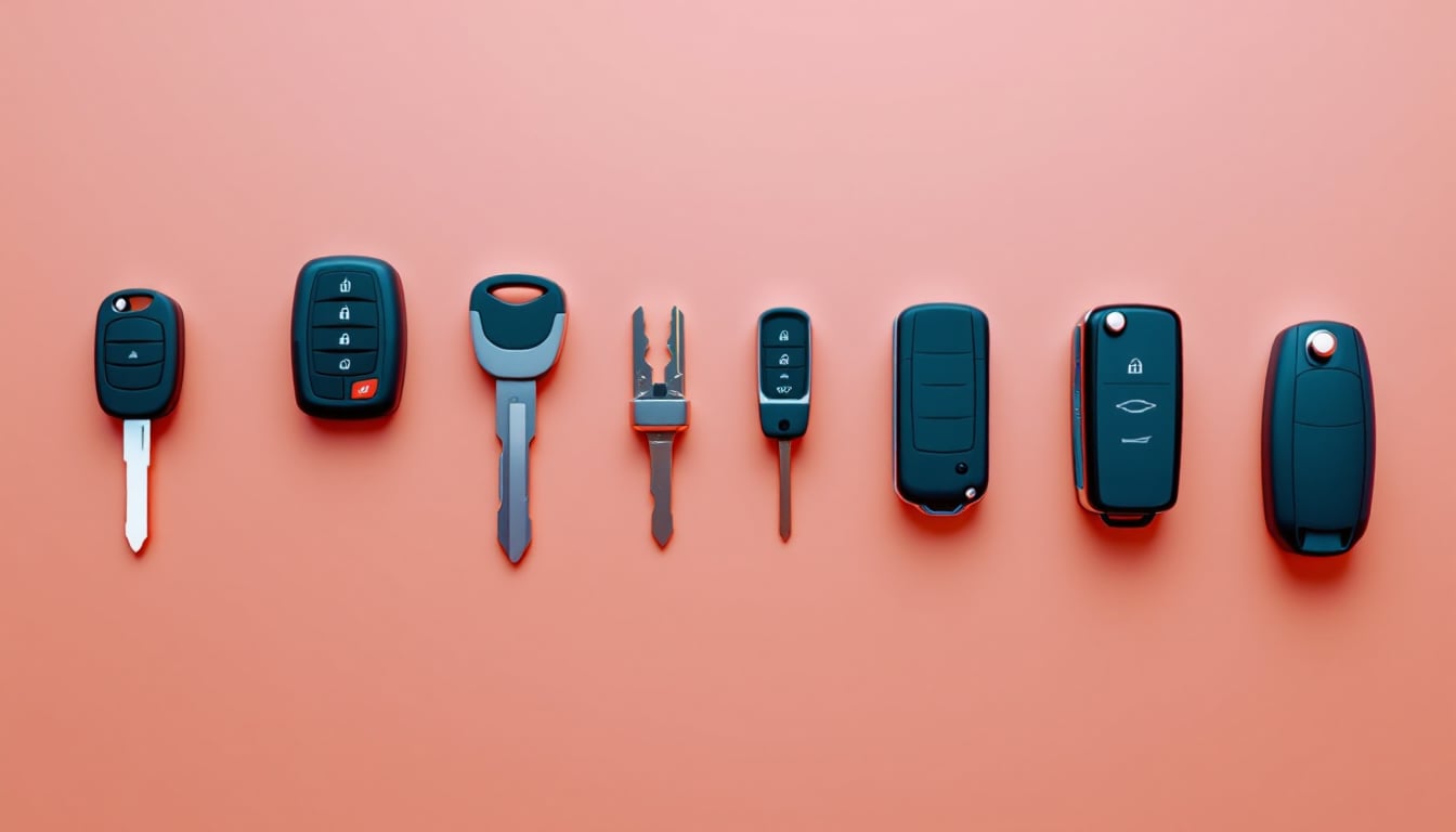 Seven different car key types arranged in a row on a warm cream surface, from a plain mechanical blade to a modern proximity smart fob
