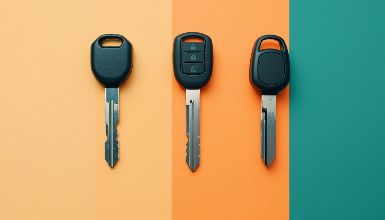 Three car keys laid out in a row against a warm colour-blocked background, showing the progression from a plain cut blade to keys with integrated electronic heads