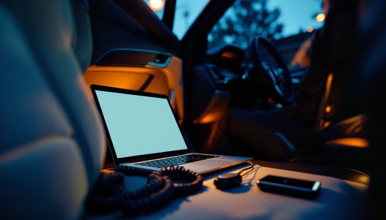 A laptop, a coiled diagnostic cable and a small key programming device resting on a car door sill at dusk, seen from the open driver door