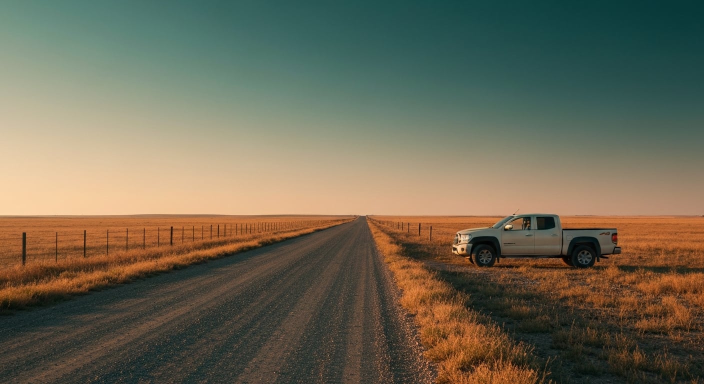 A pickup truck parked on a gravel road at the edge of open farmland under a wide sky