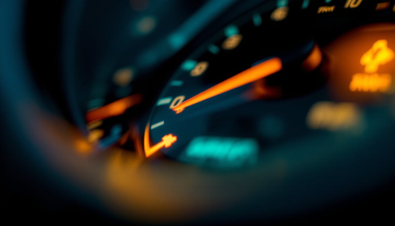 A close view of a car instrument cluster at night with the immobilizer warning symbol illuminated and the tachometer needle falling back to zero