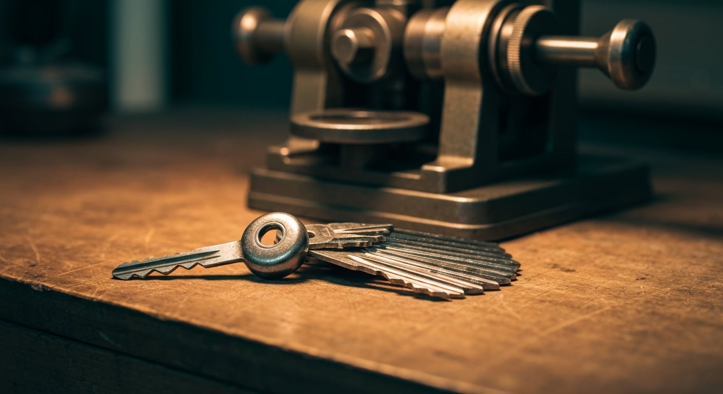 A worn vintage car key and a set of uncut blanks laid out on a workbench beside a manual key cutting machine