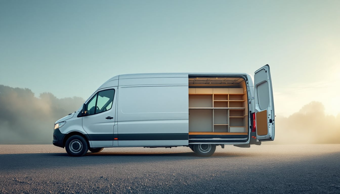 A plain unbranded white high-roof cargo van on a contractor yard at first light with its rear doors open showing empty fitted shelving