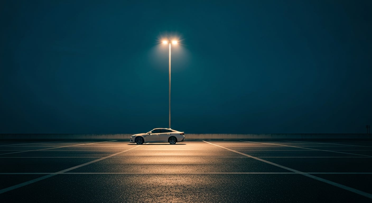 A single car parked alone under a tall lamp in a large empty parking lot at night
