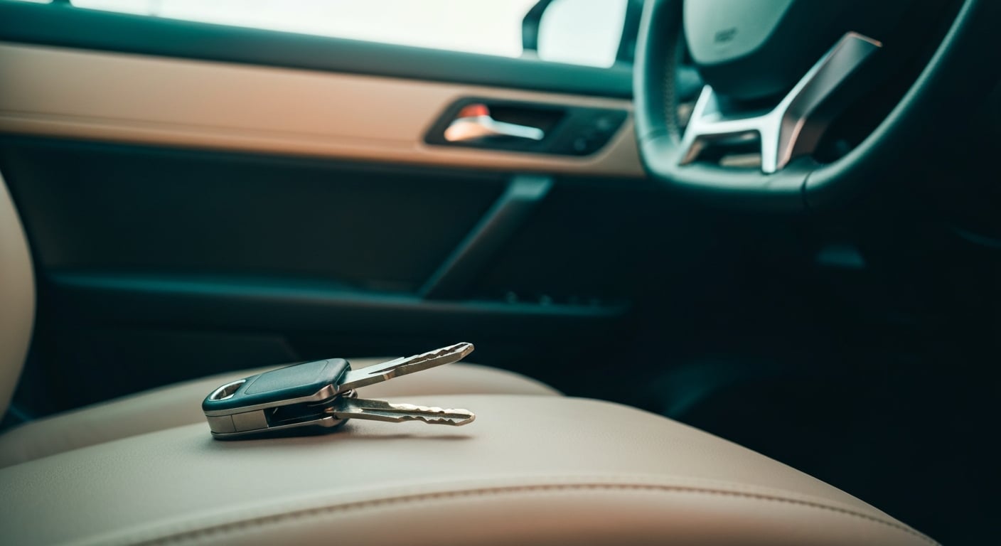 A folding flip key and a modern proximity fob lying on a clean surface beside a steering wheel lock