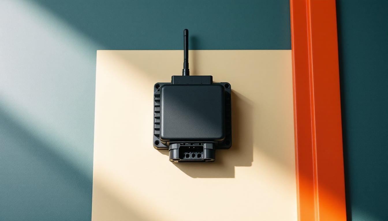 An automotive electronic control module with a multi-pin connector lying on a workbench beside a small ring-shaped antenna coil and a car key