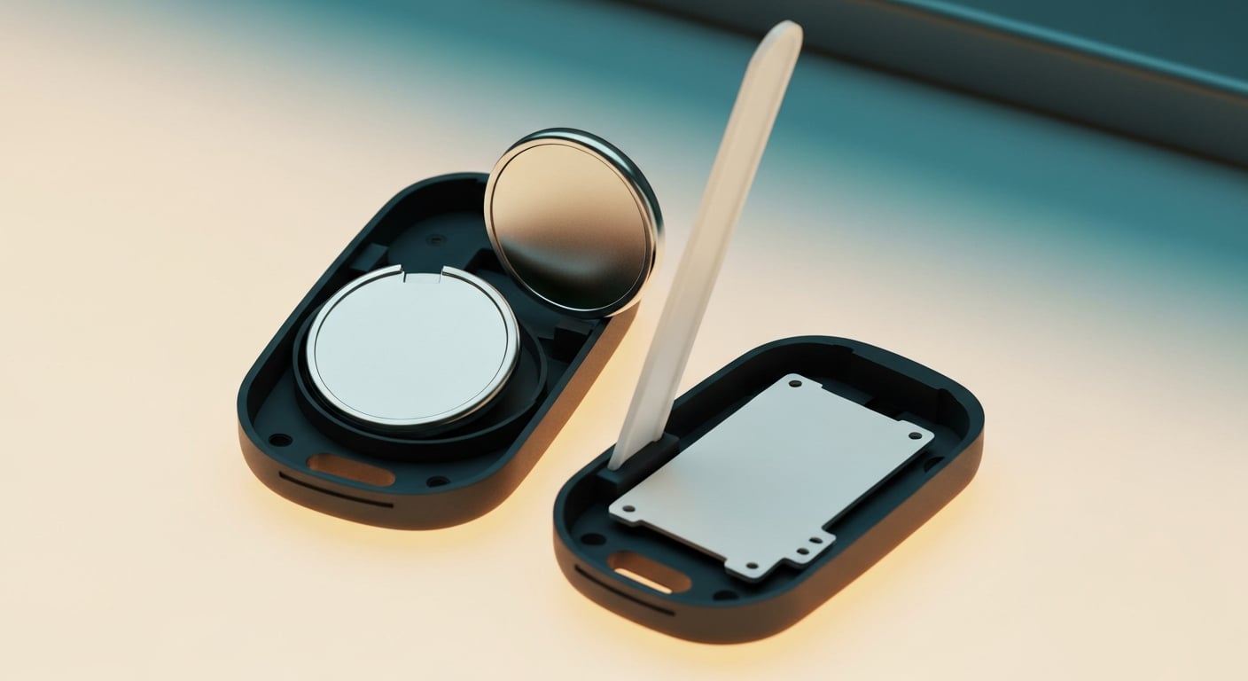 A car key fob opened on a workbench beside a small coin cell battery and a plastic pry tool