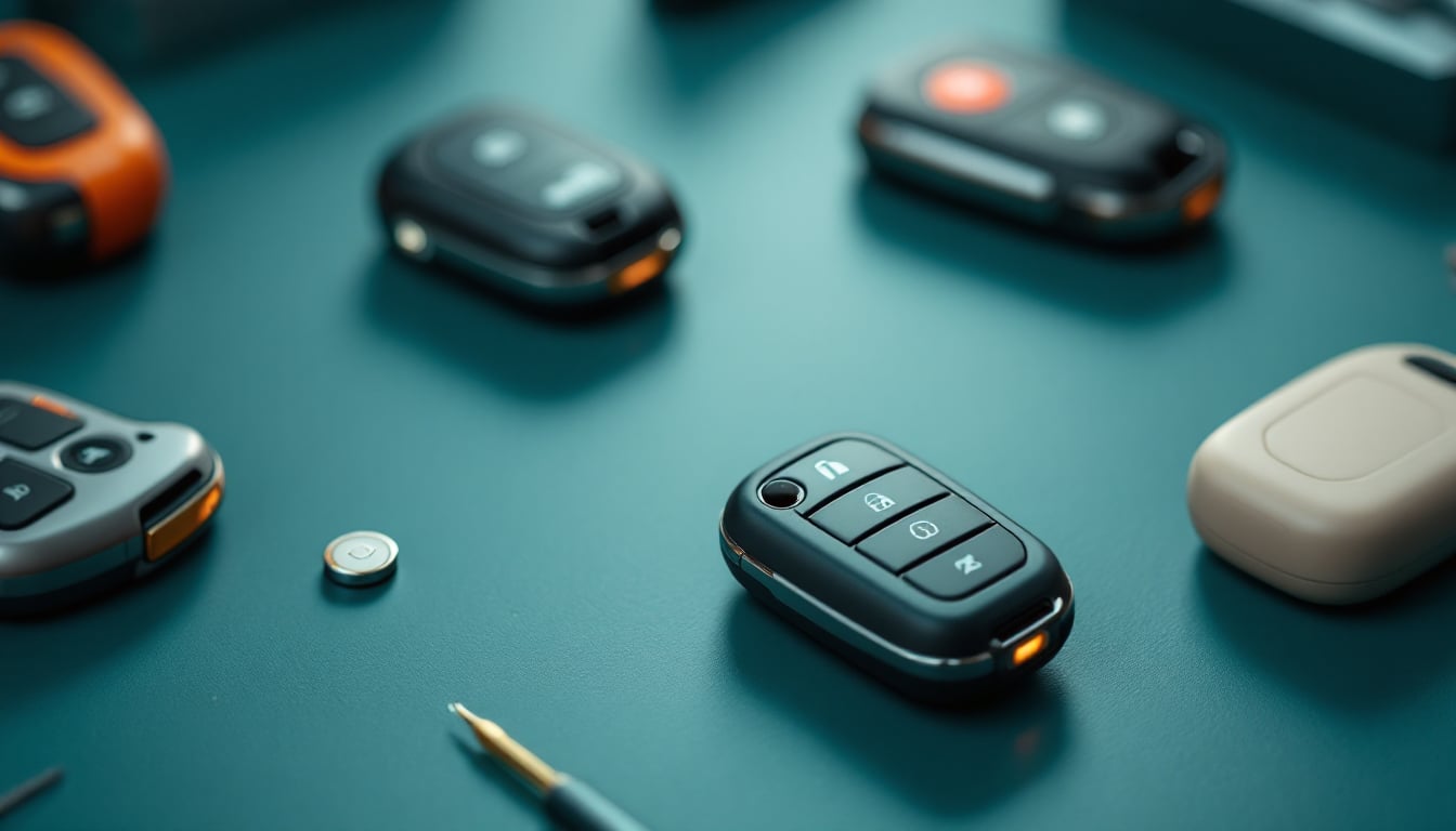 Several modern car key fobs laid out on a warm cream surface beside a coin cell battery and a cut key blade