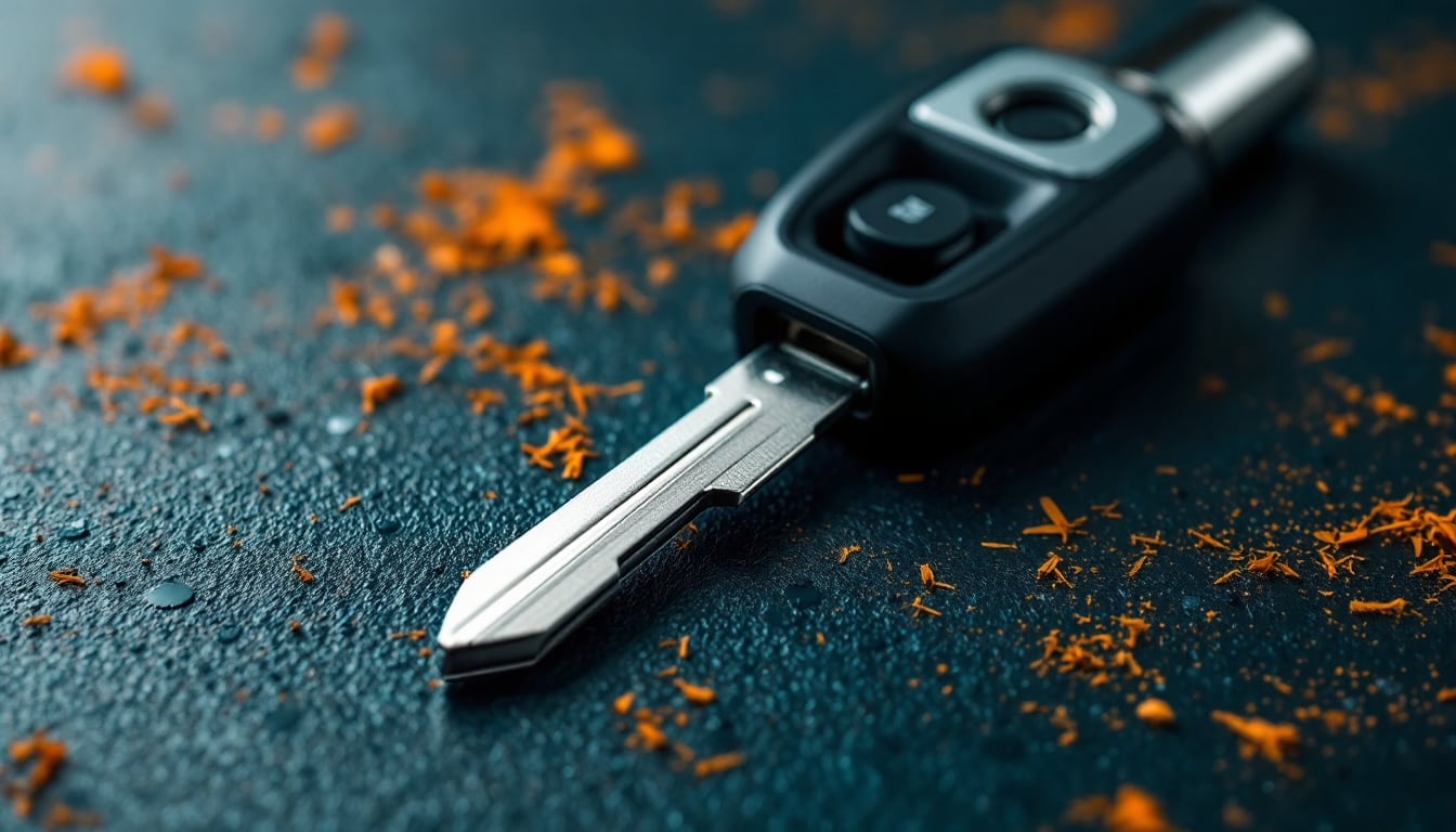 A modern automotive key with a black moulded head and a worn flat steel blade lying on a dark workbench