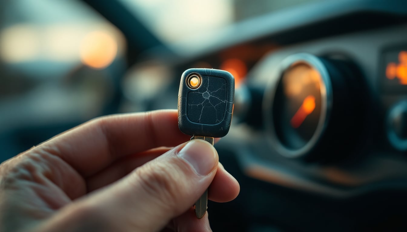 A worn car key with a cracked plastic head held above an ignition barrel in low light inside a car