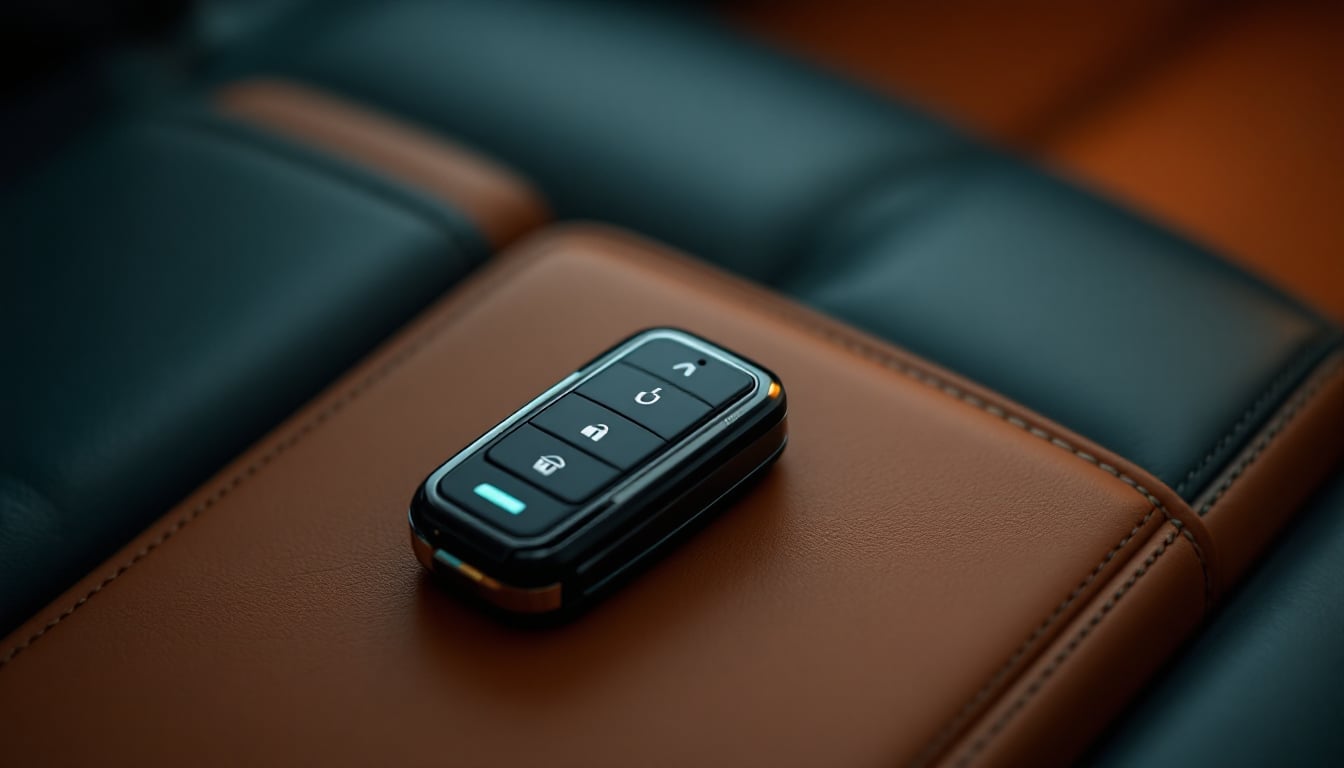 A rounded proximity key fob and an older bladed remote key on a dark slate surface beside a folded set of vehicle documents