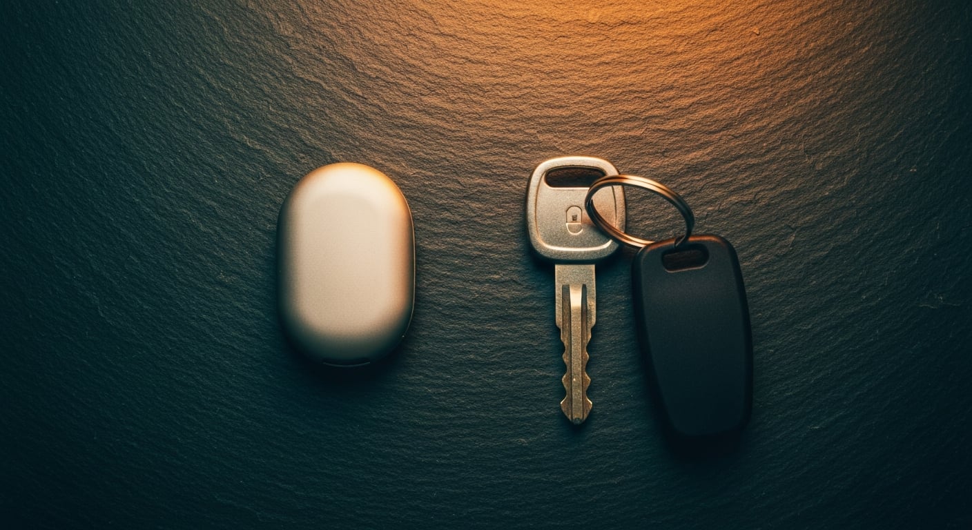A rounded proximity key fob lying beside a metal car key with a toothed blade and a small remote on a dark slate workbench