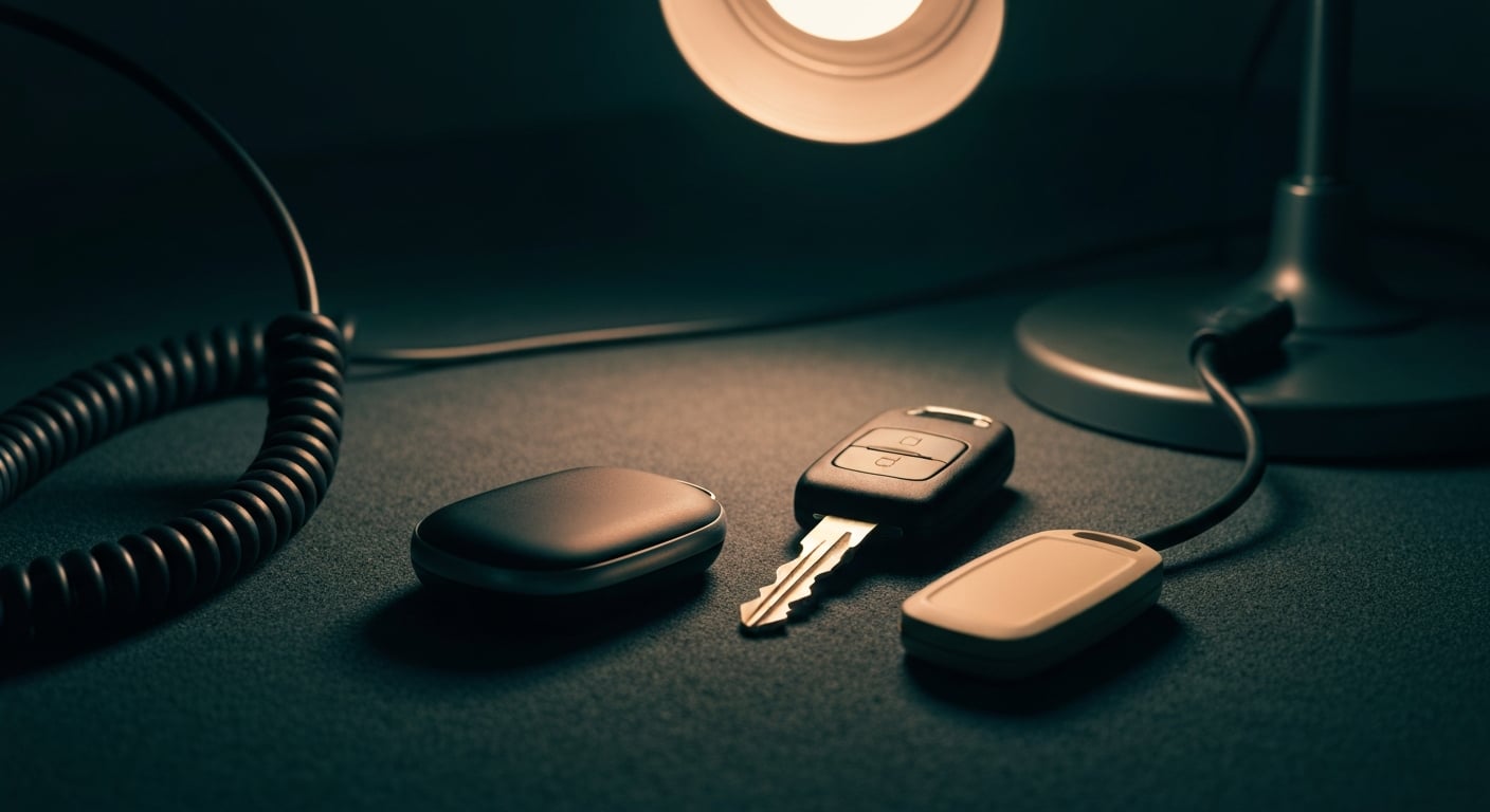 A proximity smart key fob and an older bladed remote-head key on a dark workshop surface beside a coiled diagnostic cable