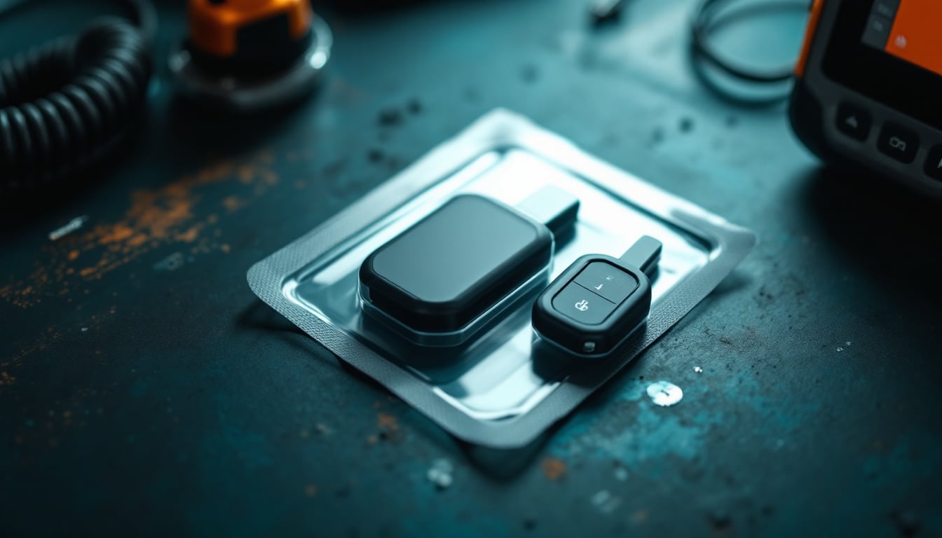 A smart key fob still in its unbranded plastic packaging beside a diagnostic programming tool on a workbench, warm cream and deep teal tones