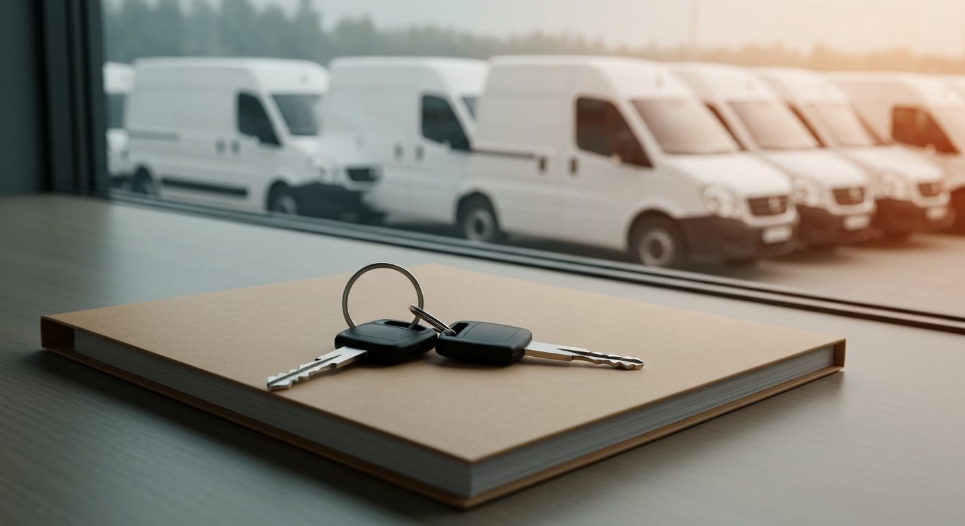 Two vehicle keys on a ring resting on a closed document folder on an office desk, with a row of white fleet vans through the window behind