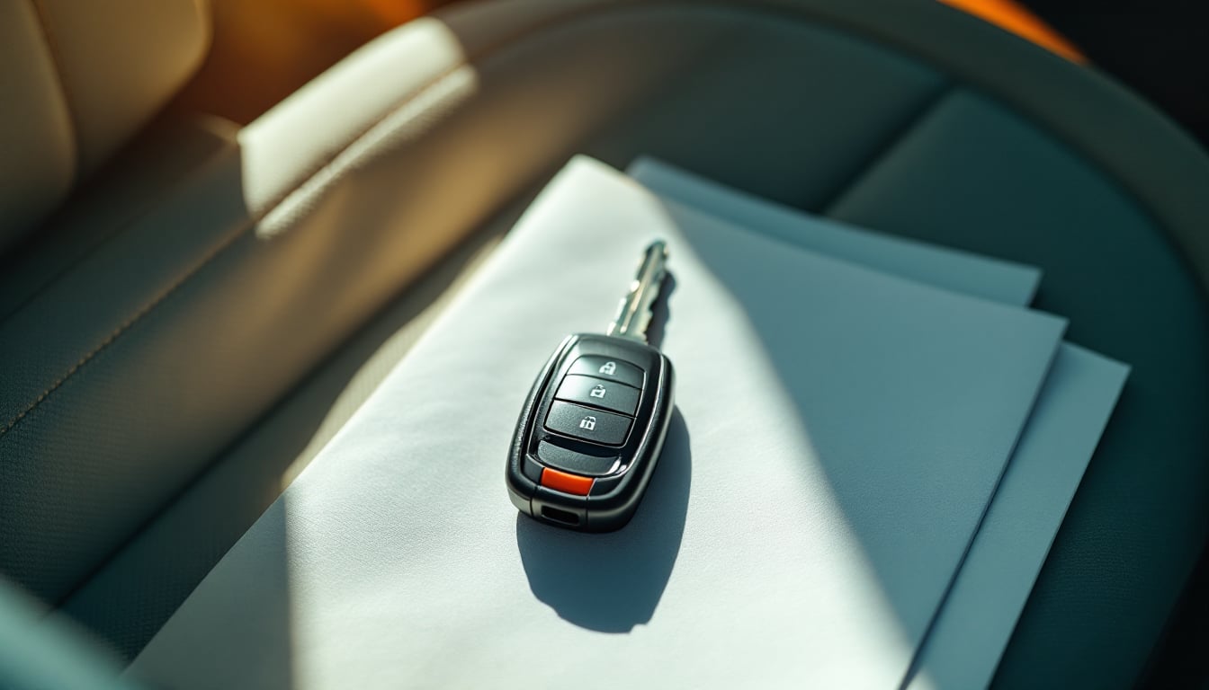 A newly cut remote-head car key resting on vehicle paperwork on a pale car seat in strong afternoon sunlight