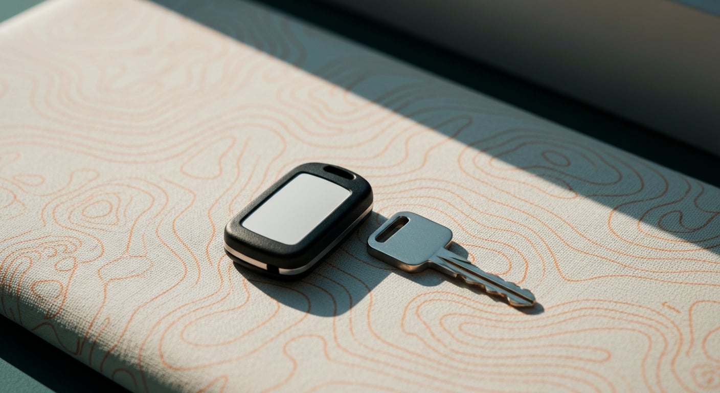 A push-button proximity fob and a plain bladed metal key resting on a fabric surface printed with faint topographic contour lines