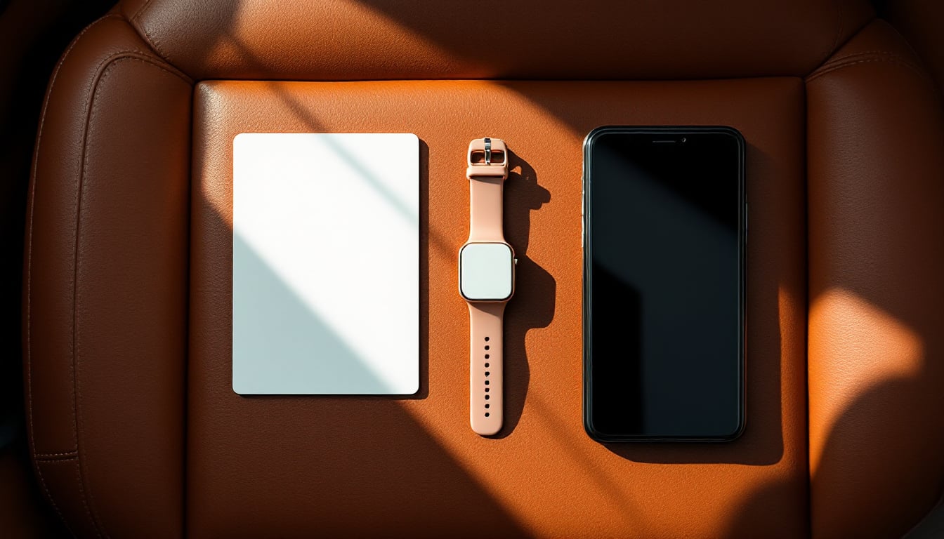 A blank white key card, a wearable band and a face-up phone laid in a row on a tan leather car seat in low sunlight