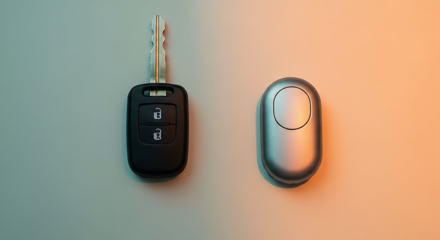 A bladed transponder car key and a rounded push-to-start smart fob side by side on a clean pale surface