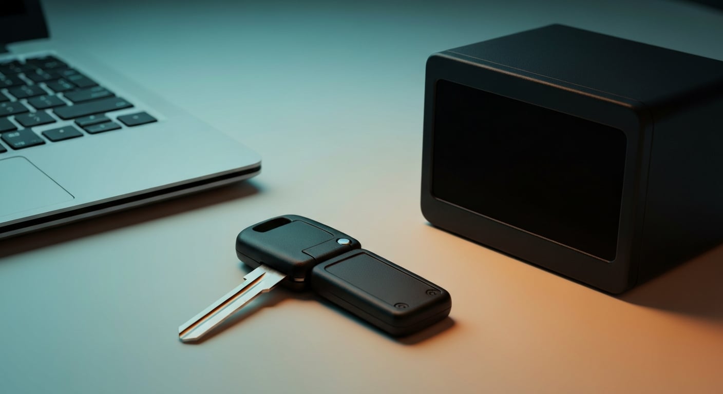 A European flip-blade remote key on a workbench beside a closed laptop and a plain black diagnostic interface box